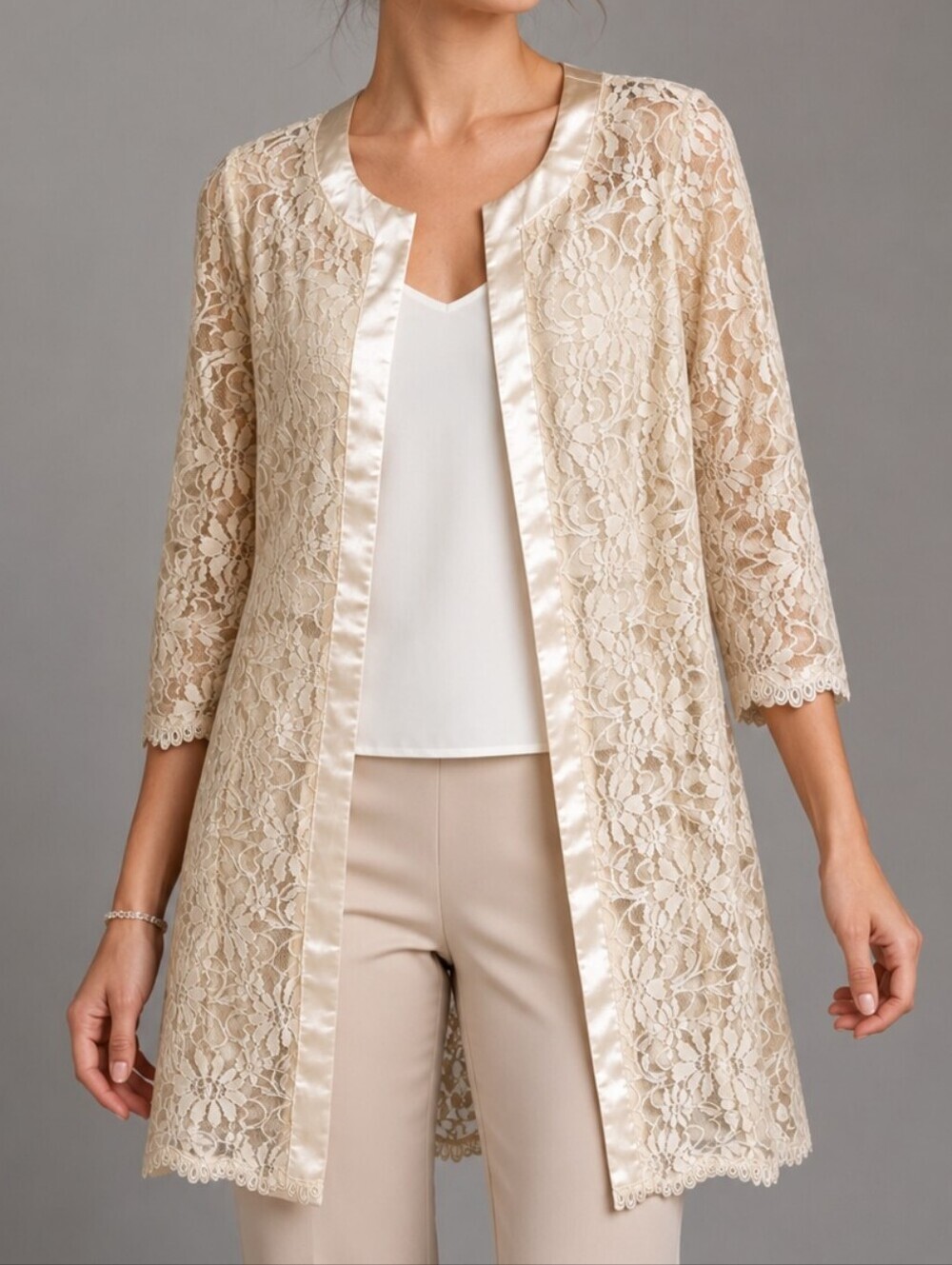 Ivory Floral Lace Layering Jacket Open Front Satin Trim Sheer Overlay Size 16
